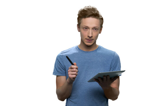 Teen stundent with tablet pc and pen. Isolated on white background.