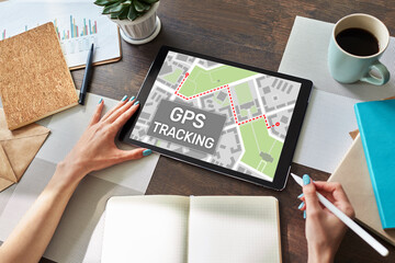 GPS Global positioning system tracking map on device screen.