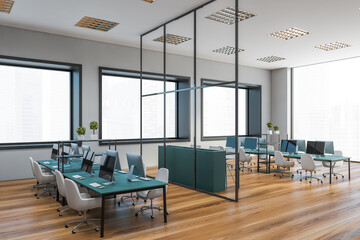 Grey panoramic open space office with blue tables