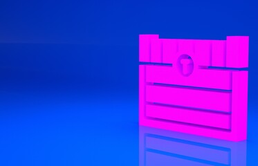 Pink Antique treasure chest icon isolated on blue background. Vintage wooden chest with golden coin. Minimalism concept. 3d illustration. 3D render..
