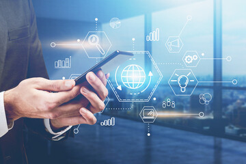 Man hands with smartphone, cloud computing