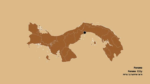 Ng&ouml;be Bugl&eacute;, indigenous territory of Panama, with its capital, localized, outlined and zoomed with informative overlays on a solid patterned map in the Stereographic projection. Animation 3D