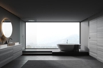 Grey and wood bathroom, tub and sink