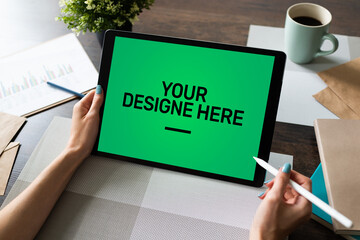 Laptop, Notebook, tablet pc Mockup screen with green chroma key background and text Your Design here Empty copy space.