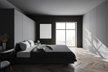 Grey bedroom with window and poster