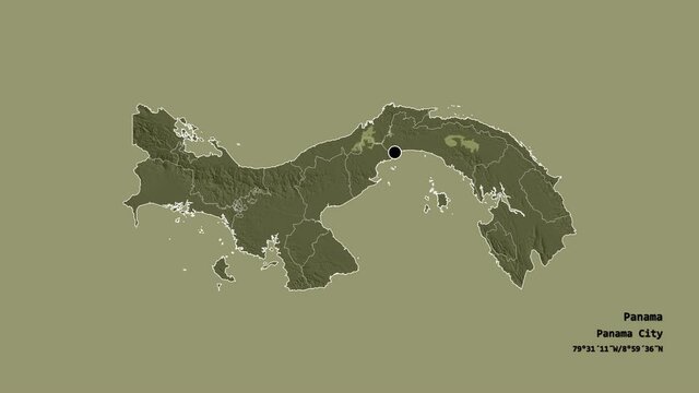 Ng&ouml;be Bugl&eacute;, indigenous territory of Panama, with its capital, localized, outlined and zoomed with informative overlays on a administrative map in the Stereographic projection. Animation 3D