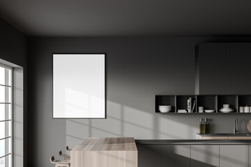 Grey kitchen with bar and poster, close up
