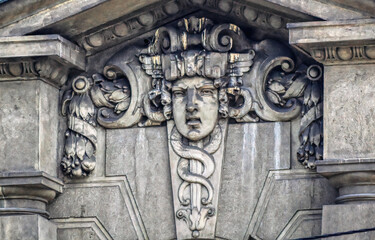 Bas relief traditional decorative composition at urban building in Belgrade, Serbia.