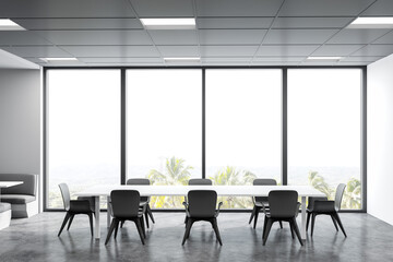 Panoramic white cafeteria with long table