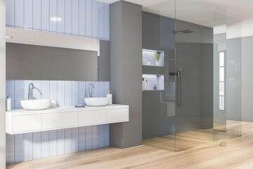 Grey and blue bathroom corner, sink and shower