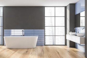 Fototapeta na wymiar Grey and blue bathroom interior