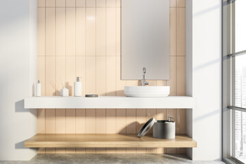 Sink in grey and beige panoramic bathroom