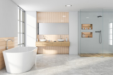 Fototapeta na wymiar Grey and beige bathroom, side view