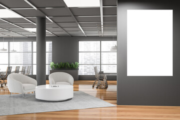 Panoramic grey meeting room with poster