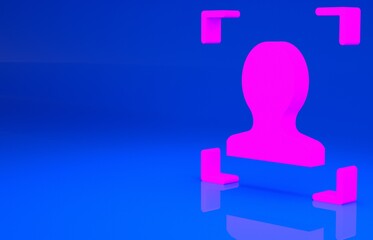 Pink Face recognition icon isolated on blue background. Face identification scanner icon. Facial id. Cyber security concept. Minimalism concept. 3d illustration. 3D render..