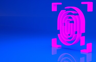 Pink Fingerprint icon isolated on blue background. ID app icon. Identification sign. Touch id. Minimalism concept. 3d illustration. 3D render..