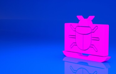 Pink System bug on monitor icon isolated on blue background. Code bug concept. Bug in the system. Bug searching. Minimalism concept. 3d illustration. 3D render..