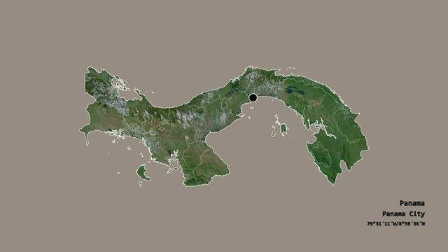 Ember&aacute;, indigenous territory of Panama, with its capital, localized, outlined and zoomed with informative overlays on a satellite map in the Stereographic projection. Animation 3D