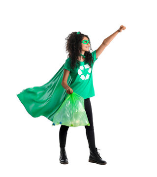 Woman dressed as eco superhero with garbage bag on white background