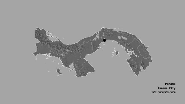 Ember&aacute;, indigenous territory of Panama, with its capital, localized, outlined and zoomed with informative overlays on a bilevel map in the Stereographic projection. Animation 3D