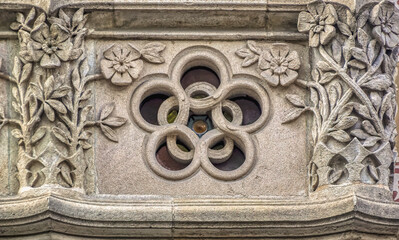 Vintage balcony decoration at building in Barcelona, Spain.