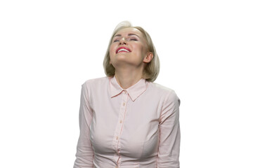 Pleasured and relaxed mature woman with her eyes closed. Blond middle-aged woman wearing shirt is...