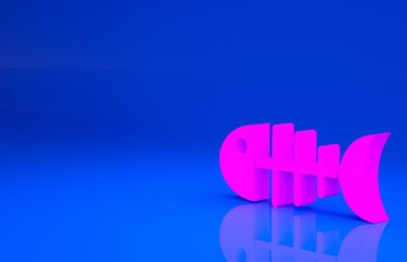 Pink Fish skeleton icon isolated on blue background. Fish bone sign. Minimalism concept. 3d illustration. 3D render..