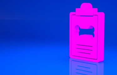 Pink Clipboard with medical clinical record pet icon isolated on blue background. Health insurance form. Medical check marks report. Minimalism concept. 3d illustration. 3D render..