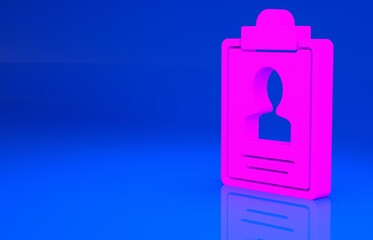 Pink Clipboard with resume icon isolated on blue background. CV application. Curriculum vitae, job application form with profile photo. Minimalism concept. 3d illustration. 3D render..