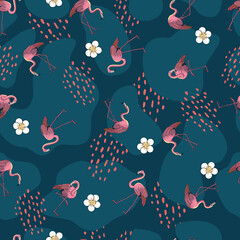Small Flamingo and Flowers Vector Seamless Pattern