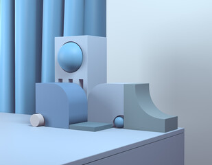 Abstract blue podium. Pastel product platform, minimal geometric shapes. 3D rendering