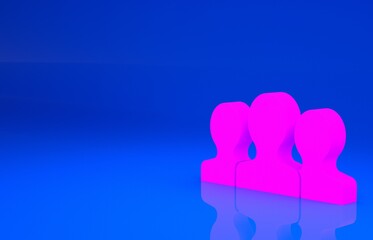 Pink Users group icon isolated on blue background. Group of people icon. Business avatar symbol - users profile icon. Minimalism concept. 3d illustration. 3D render..