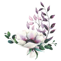 Watercolor hand painted white anemones, green and violet leaves bouquet. Isolated floral arrangement on white background