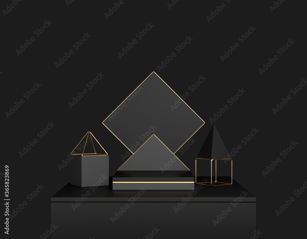Poster abstract black product display. dark podium, minimal geometric shapes. 3d rendering
