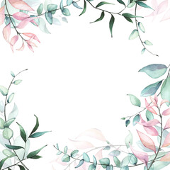 Watercolor hand painted pink, turquoise and green eucalyptus and leaves delicate frame. Isolated floral arrangement on white background