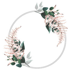 Watercolor hand painted green and pink leaves wreath. Isolated floral arrangement on white background