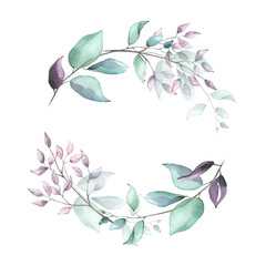 Watercolor hand painted violet, pink, turquoise and green leaves delicate wreath. Isolated floral arrangement on white background