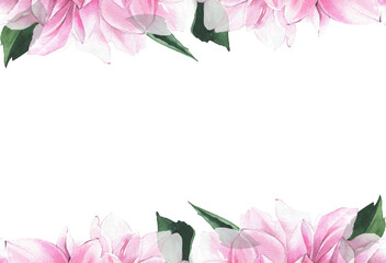 Watercolor hand painted pink dahlia and dark green leaves seamless border. Isolated floral arrangement on white background
