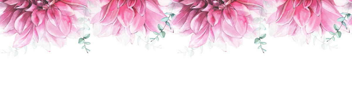 Watercolor hand painted pink dahlia and delicate turquoise eucalyptus seamless border. Isolated floral arrangement on white background