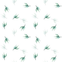 Watercolor hand painted turquoise leaves delicate seamless pattern. Isolated floral arrangement on white background