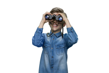 Little boy is looking through binoculars. Child boy wearing denim jacket and sightseeing. Isolated...