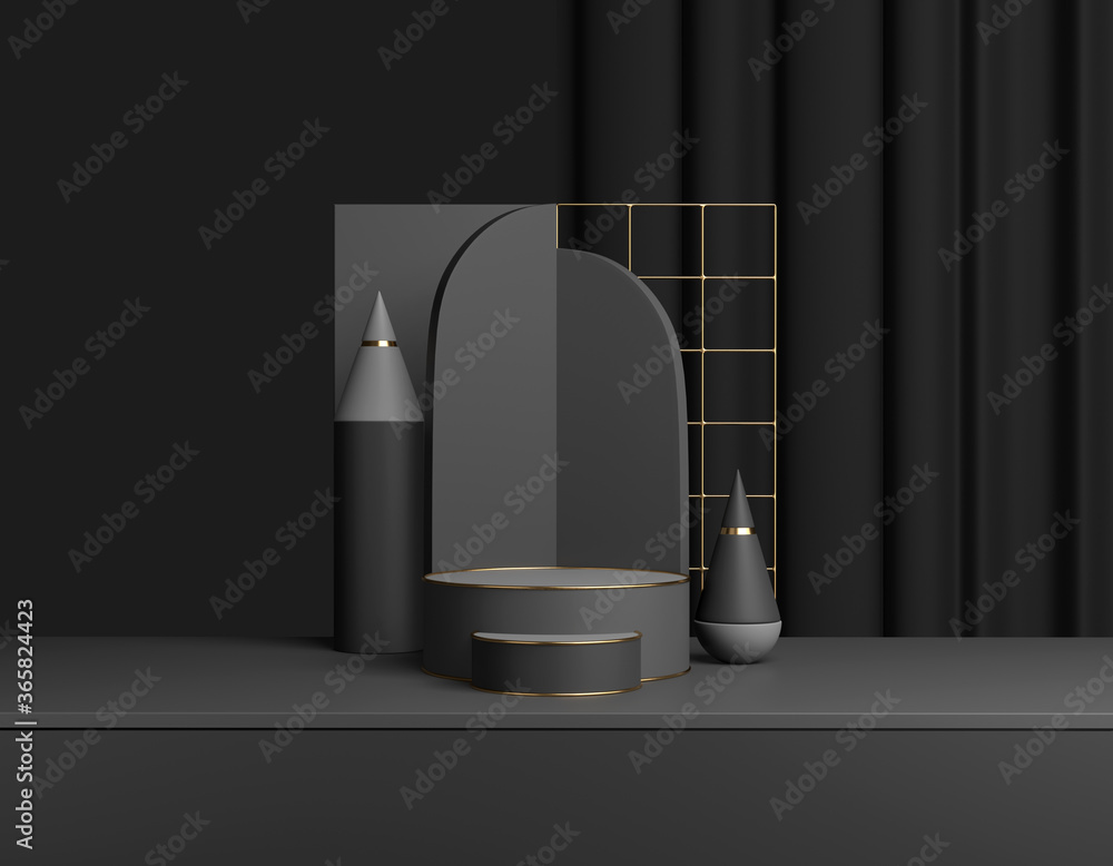 Poster abstract black product display. dark podium, minimal geometric shapes. 3d rendering
