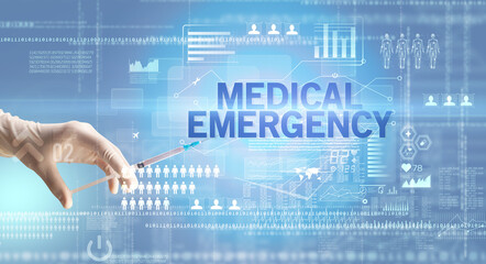 Close-up view of doctor's hand in a white glove holding syringe with MEDICAL EMERGENCY inscription, healthcare and medical concept