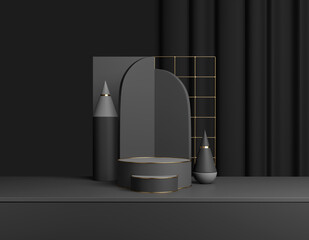 Abstract black product display. Dark podium, minimal geometric shapes. 3D rendering