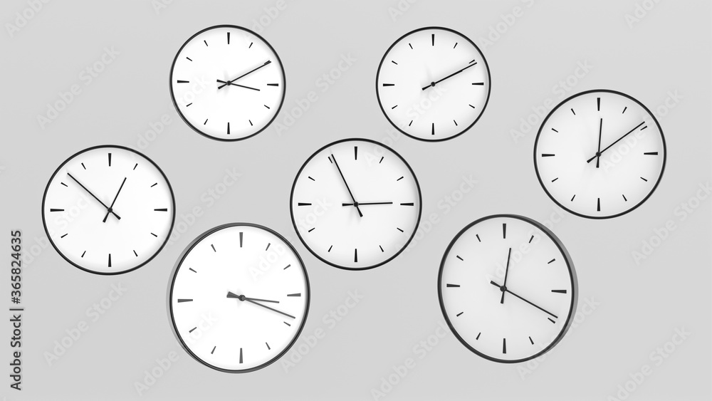 Poster clock animation, many objects with different times. minimal white design on a gray background. 3d re