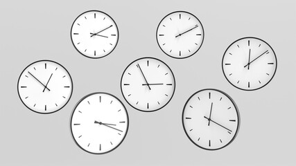 Clock animation, many objects with different times. Minimal white design on a gray background. 3D rendering