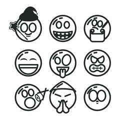 Set Of DIfferent Black Line Smile Vector Icon Emoticons Sign Doodle