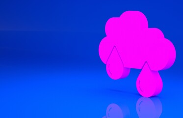 Pink Cloud with rain icon isolated on blue background. Rain cloud precipitation with rain drops. Minimalism concept. 3d illustration. 3D render..
