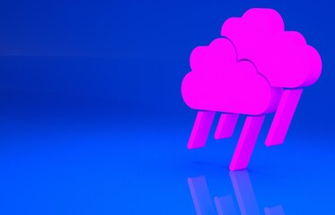 Pink Cloud with rain icon isolated on blue background. Rain cloud precipitation with rain drops. Minimalism concept. 3d illustration. 3D render..