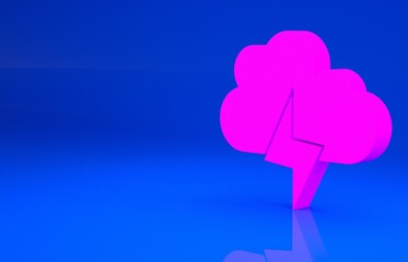 Pink Storm icon isolated on blue background. Cloud and lightning sign. Weather icon of storm. Minimalism concept. 3d illustration. 3D render..